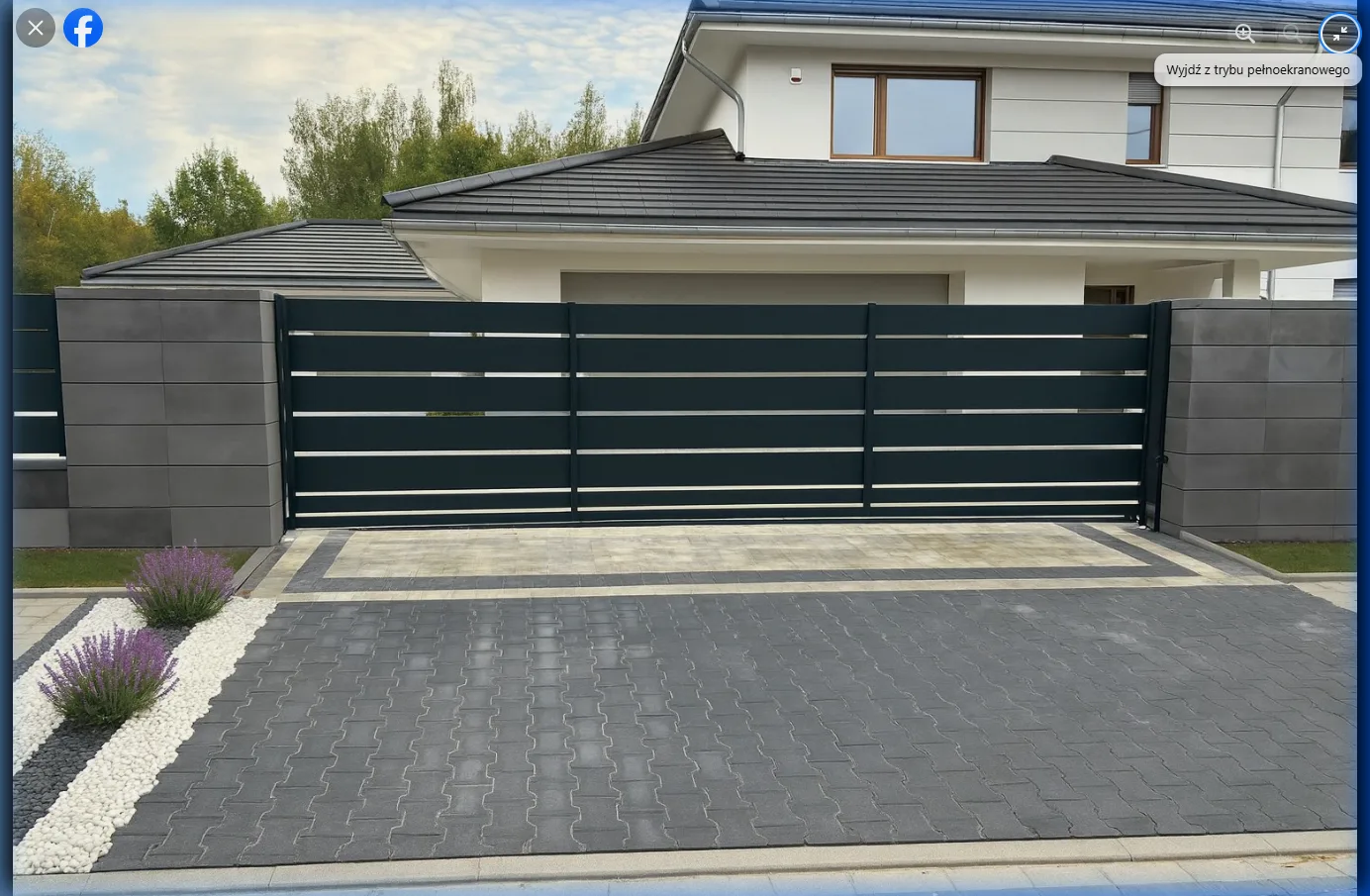 Nowoczesna brama wjazdowa pozioma antracyt + podjazd z kostki granitowej